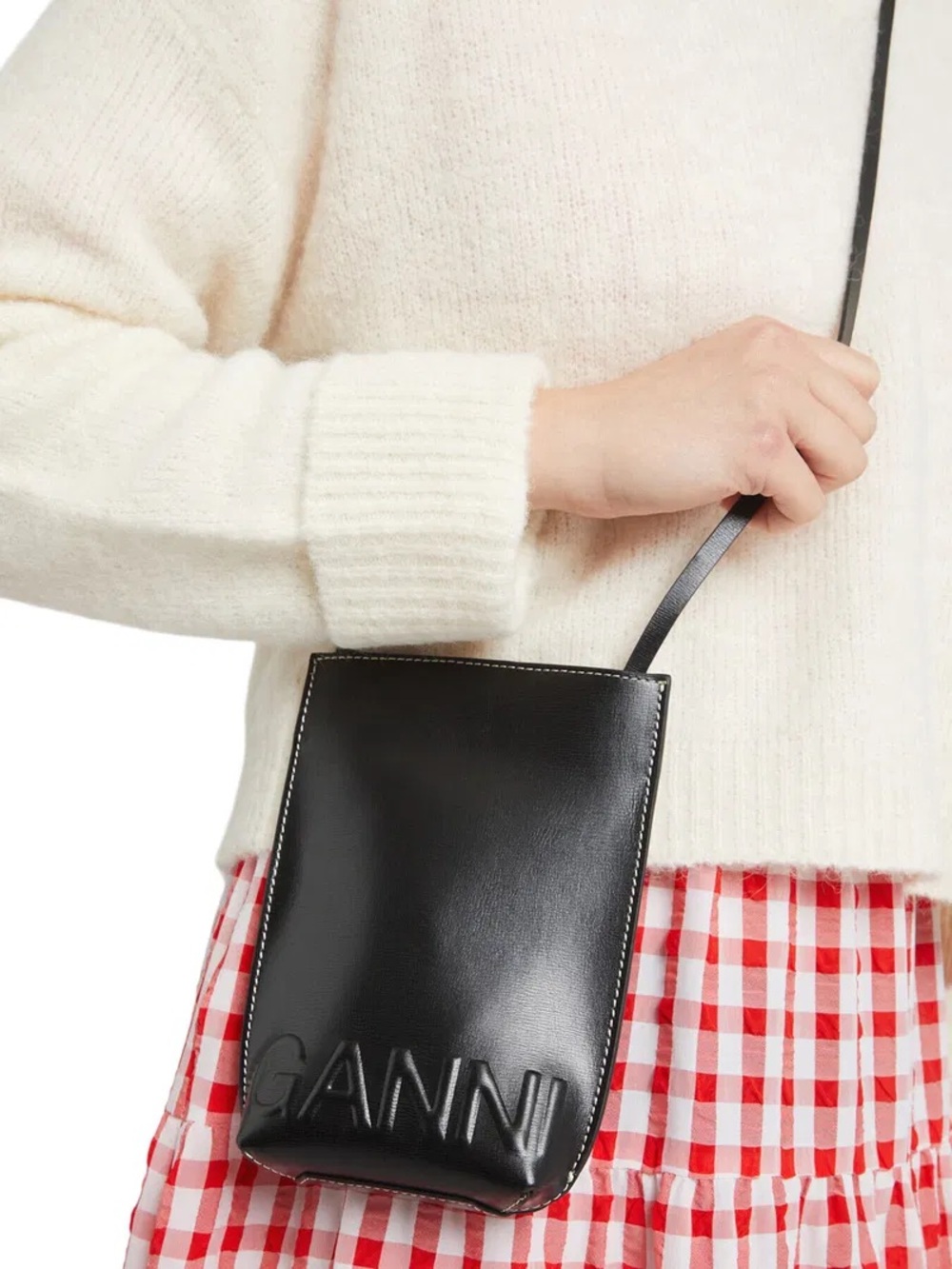 Ganni Black Leather Crossbody Pouch with Embossed Logo